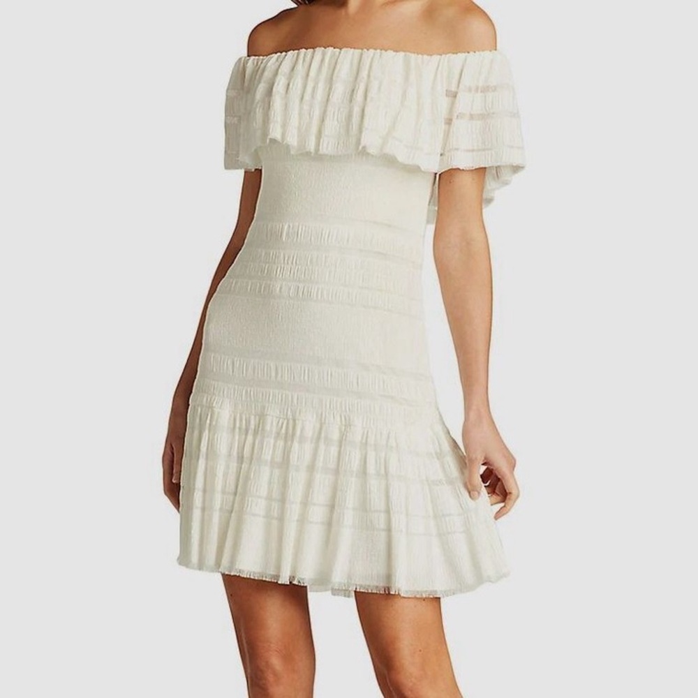 NWT SHO by Tadashi Shoji Tonal Stripe Off-the-Shoulder Knit Short Dress , Ivory